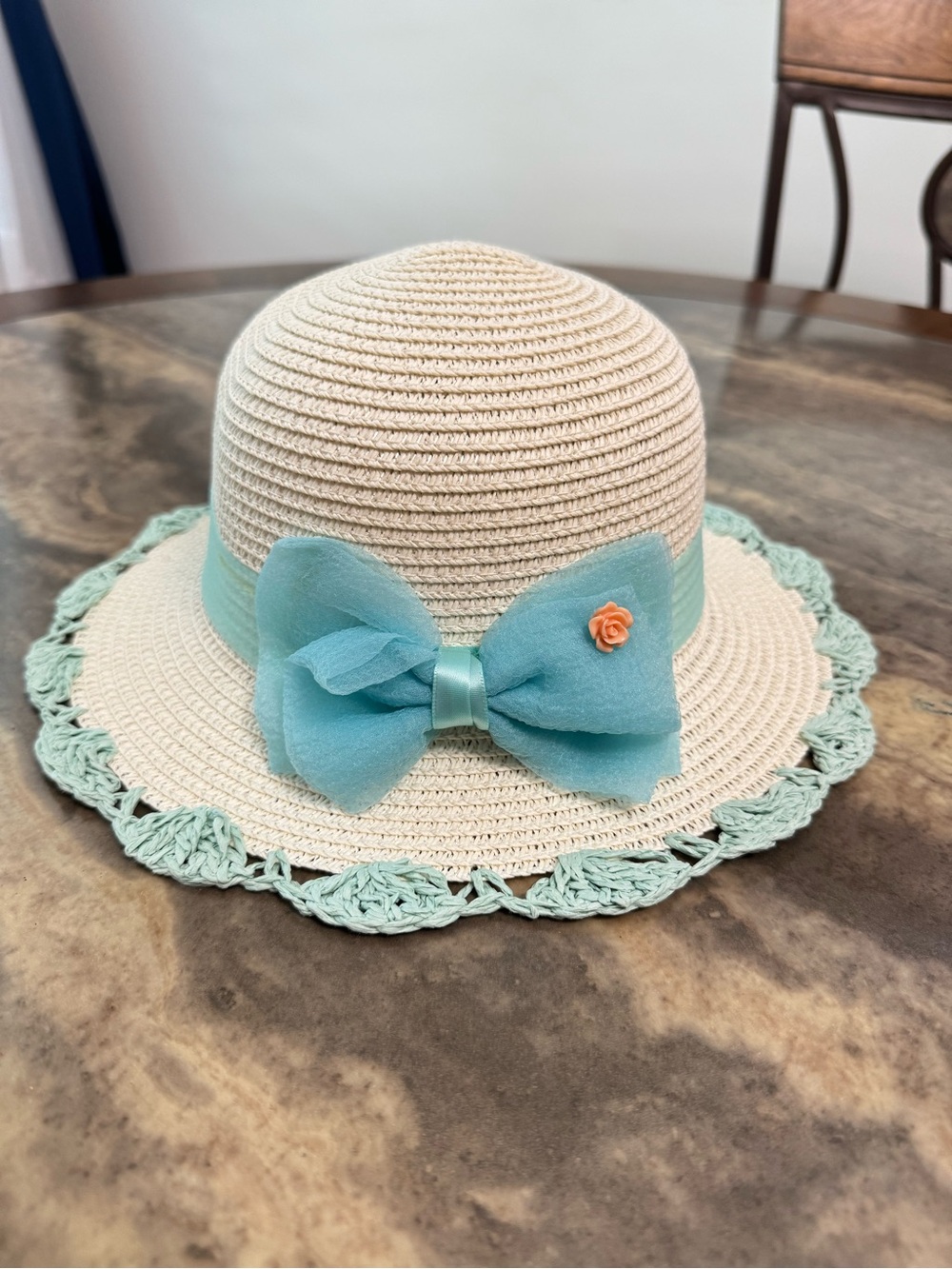 Cream Sun Hat with Mint Bow for Kids